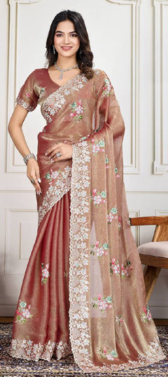 Beige and Brown color Saree in Crushed Silk fabric with Embroidered, Resham, Sequence, Thread work