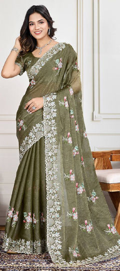 Green color Saree in Crushed Silk fabric with Embroidered, Resham, Sequence, Thread work