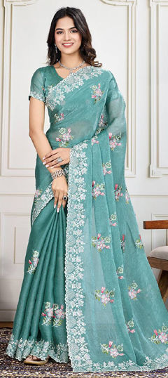 Blue color Saree in Crushed Silk fabric with Embroidered, Resham, Sequence, Thread work