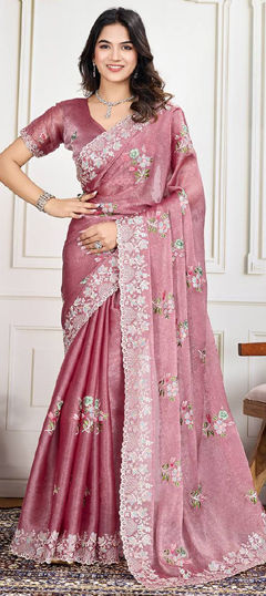 Pink and Majenta color Saree in Crushed Silk fabric with Embroidered, Resham, Sequence, Thread work