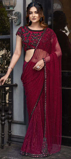 Red and Maroon color Readymade Saree in Net fabric with Bugle Beads, Embroidered, Sequence, Stone, Thread work