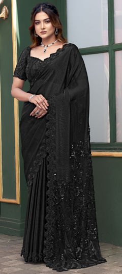 Black and Grey color Readymade Saree in Viscose fabric with Bugle Beads, Embroidered, Sequence, Stone, Thread work