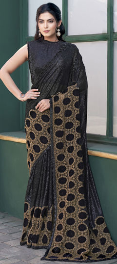 Black and Grey color Readymade Saree in Semi Velvet fabric with Bugle Beads, Embroidered, Sequence, Stone, Thread work