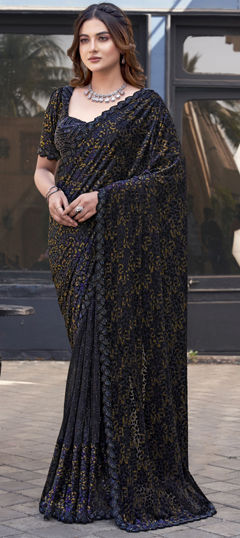 Black and Grey color Readymade Saree in Semi Velvet fabric with Bugle Beads, Embroidered, Sequence, Stone, Thread work