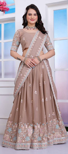 Beige and Brown color Lehenga in Georgette fabric with Embroidered, Sequence, Thread work