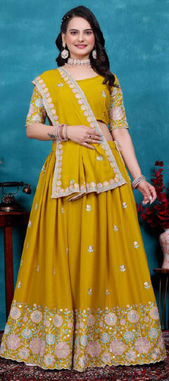 Yellow color Lehenga in Georgette fabric with Embroidered, Sequence, Thread work