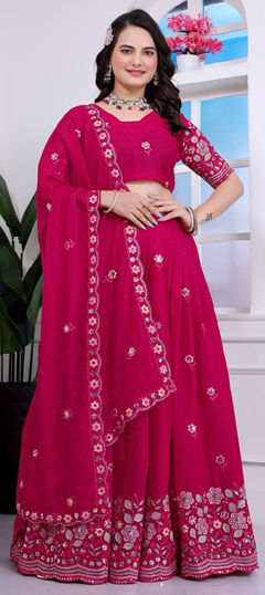 Pink and Majenta color Lehenga in Georgette fabric with Embroidered, Sequence, Thread work