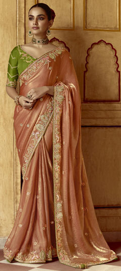 Beige and Brown color Saree in Silk fabric with Bugle Beads, Embroidered, Sequence, Stone, Thread, Zari work