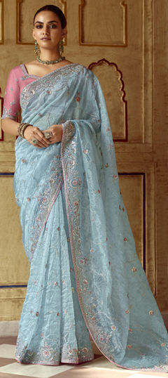 Blue color Saree in Silk fabric with Bugle Beads, Embroidered, Sequence, Stone, Thread, Zari work