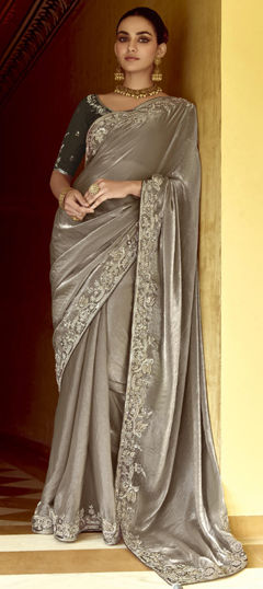 Black and Grey color Saree in Silk fabric with Bugle Beads, Embroidered, Sequence, Stone, Thread, Zari work