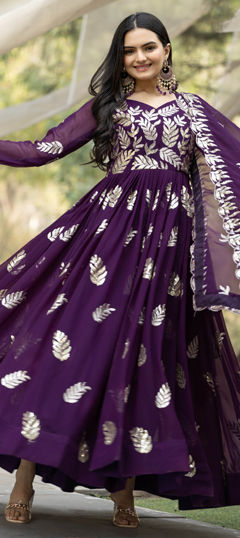 Purple and Violet color Gown in Faux Georgette fabric with Embroidered, Sequence, Thread work