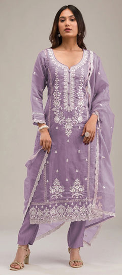 Purple and Violet color Salwar Kameez in Cotton fabric with Embroidered, Resham, Thread work