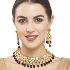 Gold Rodium Polish Black and Grey color Necklace in Metal Alloy studded with Kundan