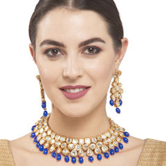 Gold Rodium Polish Blue color Necklace in Metal Alloy studded with Kundan