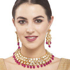 Gold Rodium Polish Pink and Majenta color Necklace in Metal Alloy studded with Kundan