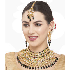 Gold Rodium Polish Black and Grey color Necklace in Metal Alloy studded with Kundan