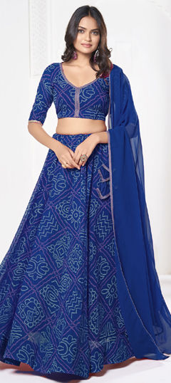 Blue color Lehenga in Georgette fabric with Bandhej, Printed work