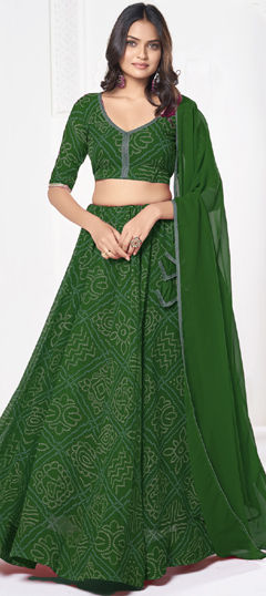 Green color Lehenga in Georgette fabric with Bandhej, Printed work