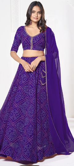 Purple and Violet color Lehenga in Georgette fabric with Bandhej, Printed work