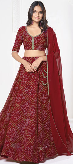 Red and Maroon color Lehenga in Georgette fabric with Bandhej, Printed work