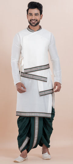 White and Off White color Dhoti Kurta in Dupion Silk fabric with Thread work