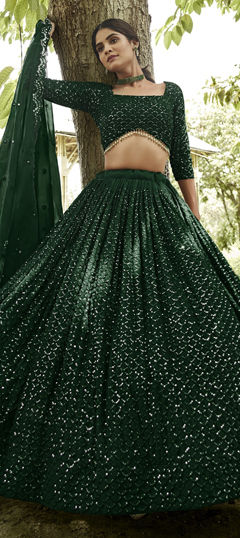 Green color Lehenga in Georgette fabric with Embroidered, Sequence, Thread work