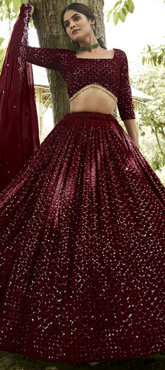 Red and Maroon color Lehenga in Georgette fabric with Embroidered, Sequence, Thread work