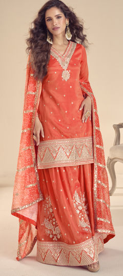 Red and Maroon color Salwar Kameez in Silk fabric with Embroidered, Sequence, Thread work