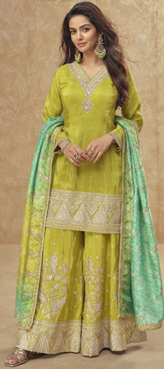 Green color Salwar Kameez in Silk fabric with Embroidered, Sequence, Thread work