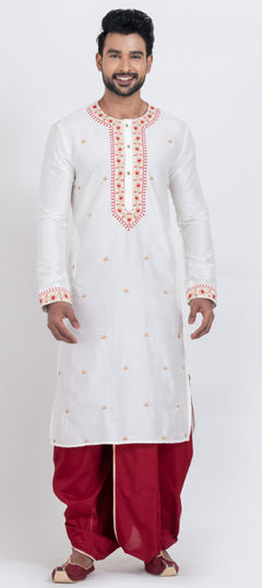 White and Off White color Dhoti Kurta in Viscose fabric with Embroidered, Resham, Thread work