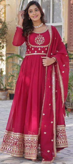 Pink and Majenta color Gown in Faux Georgette fabric with Embroidered, Sequence, Thread, Zari work