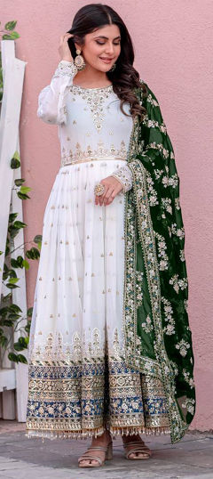 Green, White and Off White color Salwar Kameez in Faux Georgette fabric with Embroidered, Sequence, Thread work