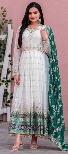 Blue, White and Off White color Salwar Kameez in Faux Georgette fabric with Embroidered, Sequence, Thread work