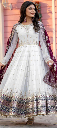 Pink and Majenta, White and Off White color Salwar Kameez in Faux Georgette fabric with Embroidered, Sequence, Thread work