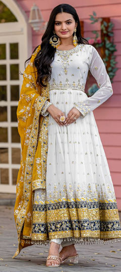 White and Off White, Yellow color Salwar Kameez in Faux Georgette fabric with Embroidered, Sequence, Thread work