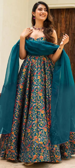 Blue color Gown in Silk fabric with Digital Print work