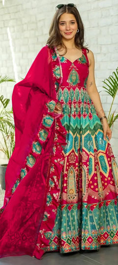 Blue, Red and Maroon color Gown in Silk fabric with Digital Print work