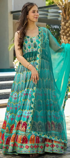 Blue color Gown in Silk fabric with Digital Print work