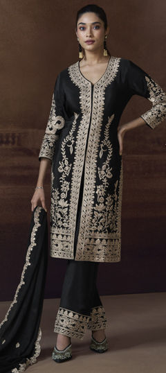 Black and Grey color Salwar Kameez in Silk fabric with Embroidered, Sequence, Thread work