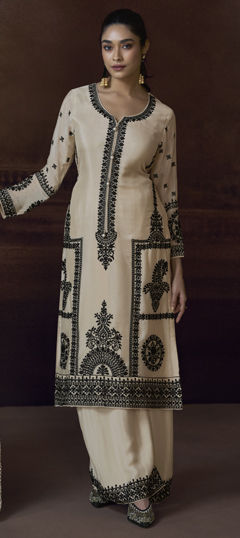 Beige and Brown color Salwar Kameez in Silk fabric with Embroidered, Sequence, Thread work