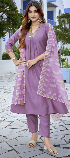 Purple and Violet color Salwar Kameez in Viscose fabric with Thread work