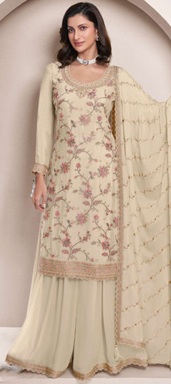 White and Off White color Salwar Kameez in Silk fabric with Embroidered, Resham, Sequence, Thread work