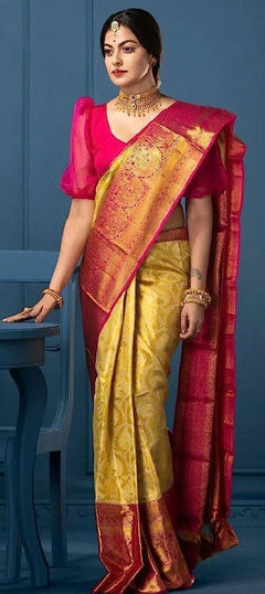 Yellow color Saree in Art Silk fabric with Weaving work