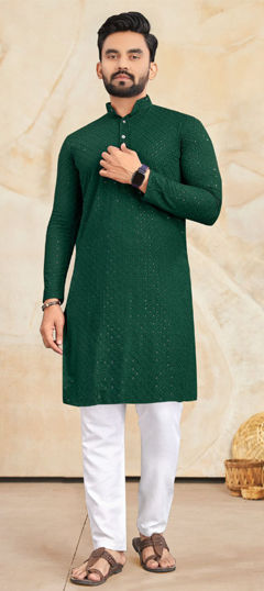 Green color Kurta Pyjamas in Rayon fabric with Embroidered, Sequence, Thread work