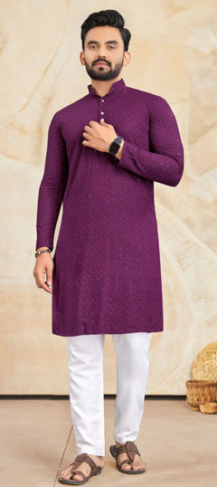 Purple and Violet color Kurta Pyjamas in Rayon fabric with Embroidered, Sequence, Thread work