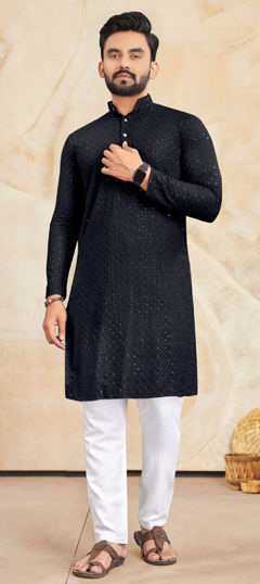 Black and Grey color Kurta Pyjamas in Rayon fabric with Embroidered, Sequence, Thread work