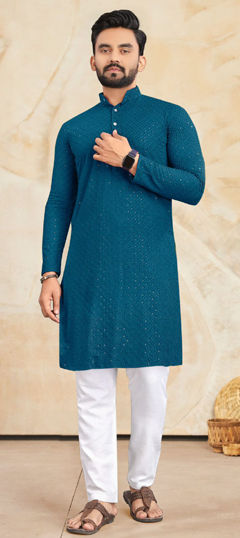 Green color Kurta Pyjamas in Rayon fabric with Embroidered, Sequence, Thread work