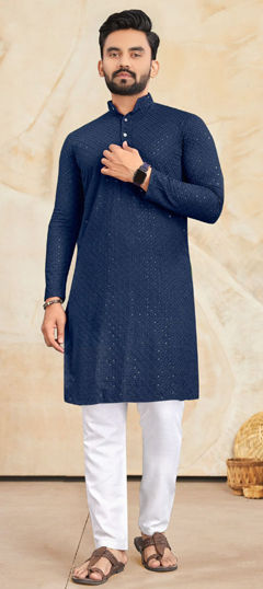 Blue color Kurta Pyjamas in Rayon fabric with Embroidered, Sequence, Thread work