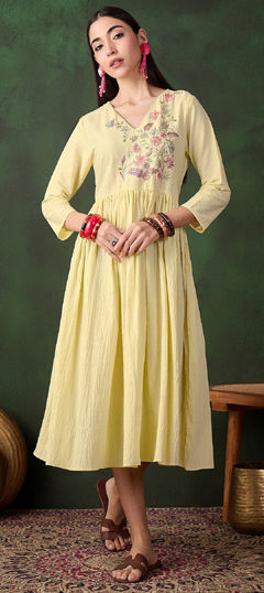 Yellow color Dress in Blended Cotton fabric with Sequence work