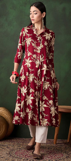 Red and Maroon color Dress in Blended Cotton fabric with Printed work